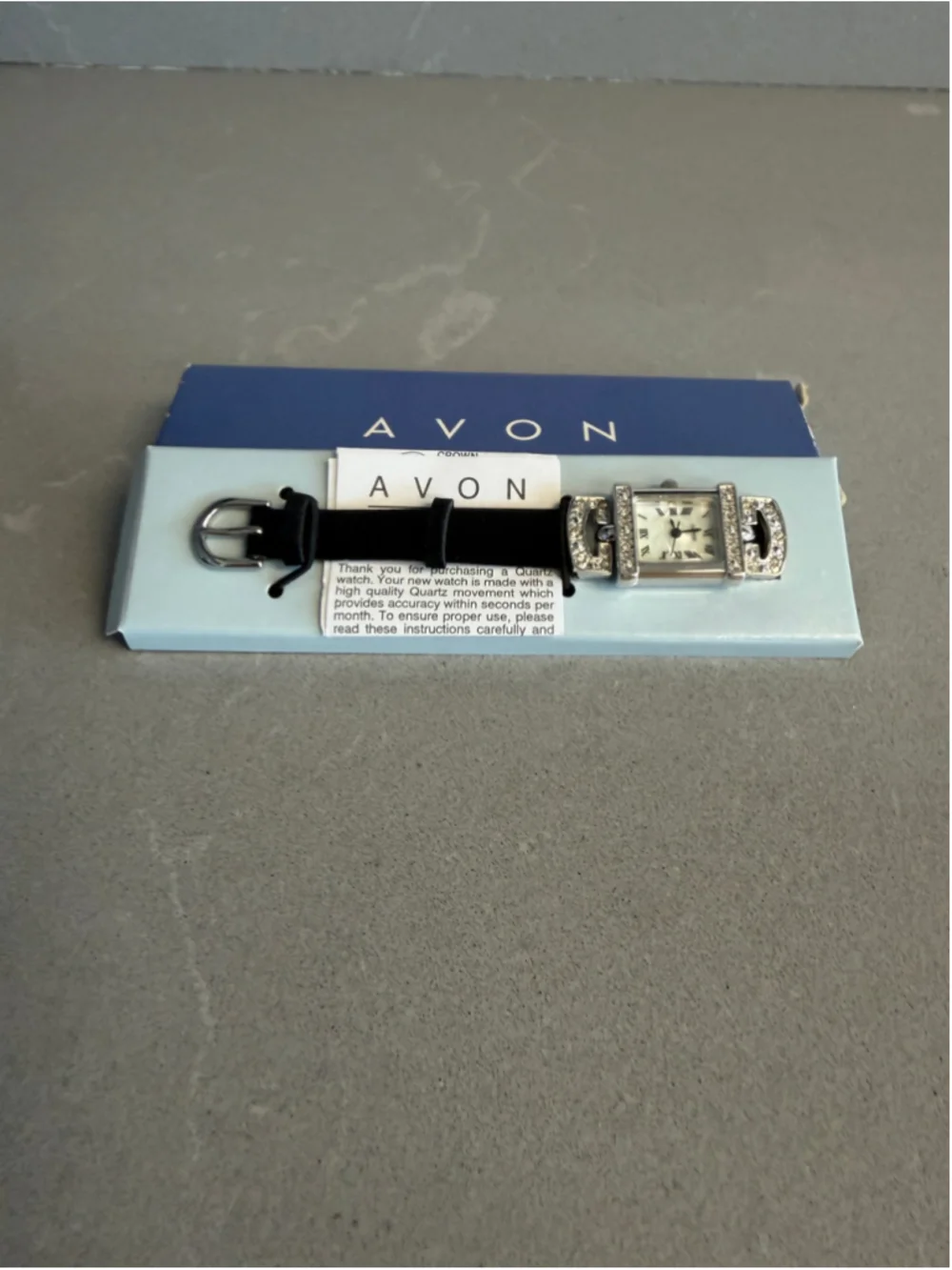 Vintage 2002 Avon Rhinestone Accent Watch 17312-1 Black Strap NIB NOS